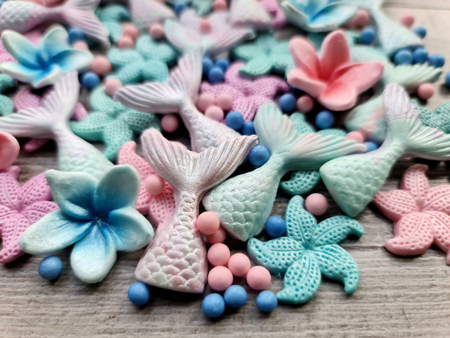 38pcs Mermaid Tail Cake Topper: Fondant Starfish, Plumeria, Pearls