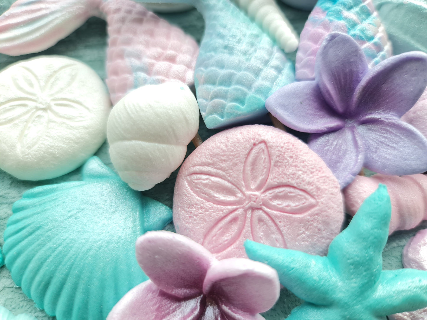 49pcs Sugar Fondant Cake Topper: Seashells, Mermaid Tail, Plumeria