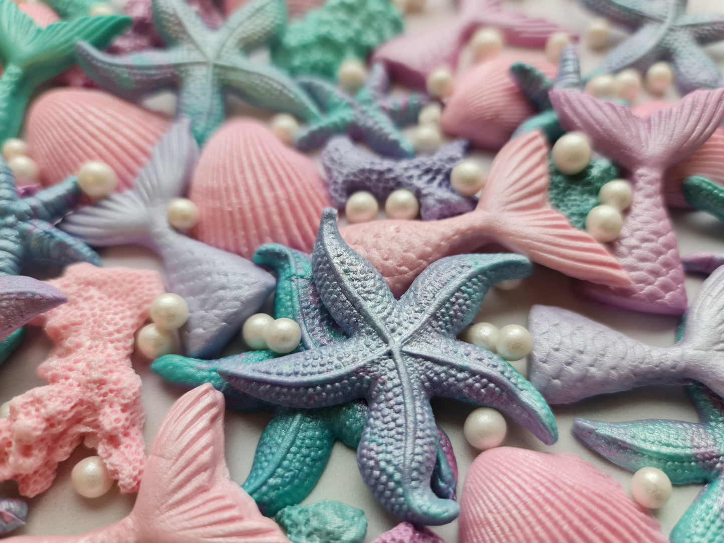 40pcs Mermaid Cake Topper: Fondant Fins, Starfish, ShellsNo Extra Fees for US Buyers