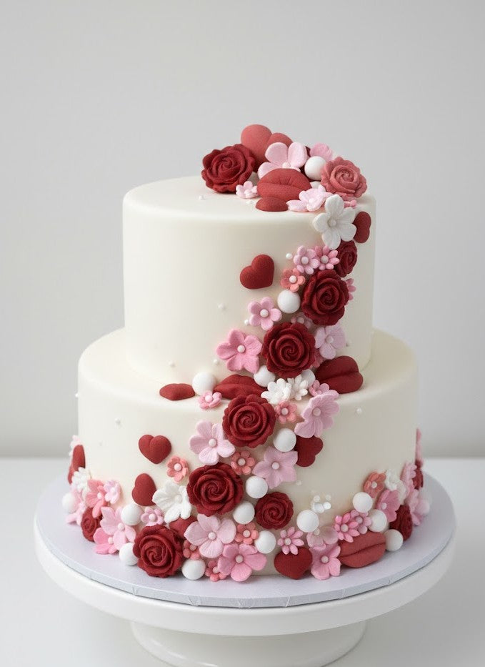 Two-tiered cake decorated with red, pink, and white flowers, hearts and lips on a white background.