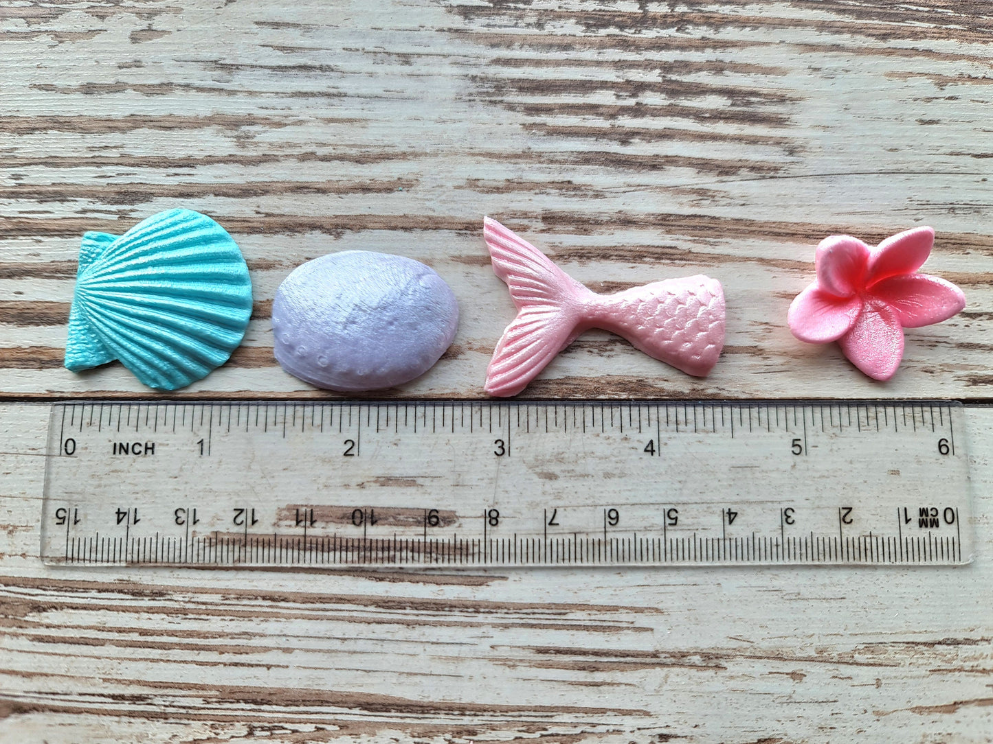 60pcs Sugar Fondant Mermaid Tail, Shells, and Plumeria Flowers