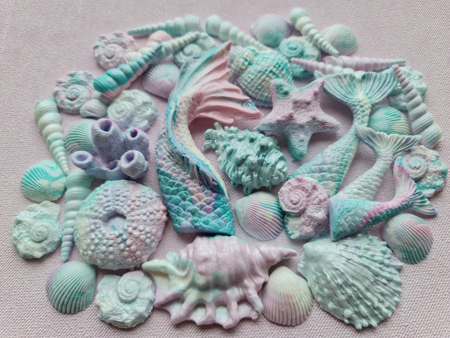 41pc Pastel Fondant Cake Toppers: Mermaid Tails, Shells, StarfishNo Extra Fees for US Buyers