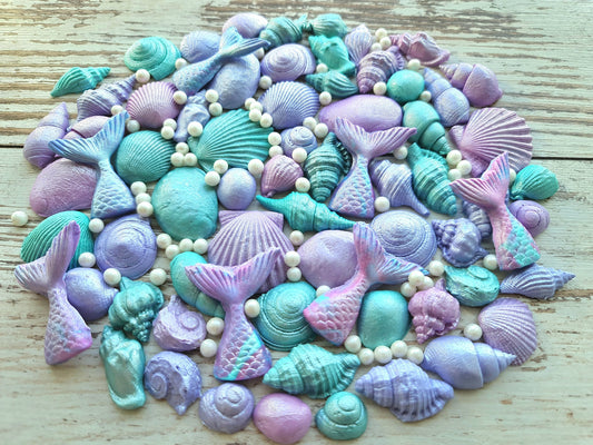 56 pcs. Sugar, fondant shells, starfishes, pearls cake topper decorationsNo Extra Fees for US Buyers