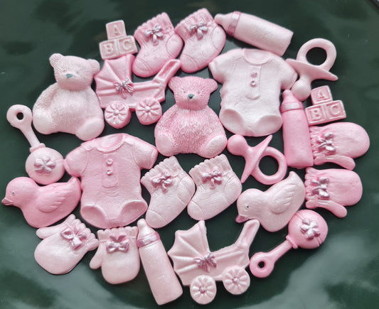 30 pcs. Edible sugar fondant baby girl shower cake topper pinkNo Extra Fees for US Buyers