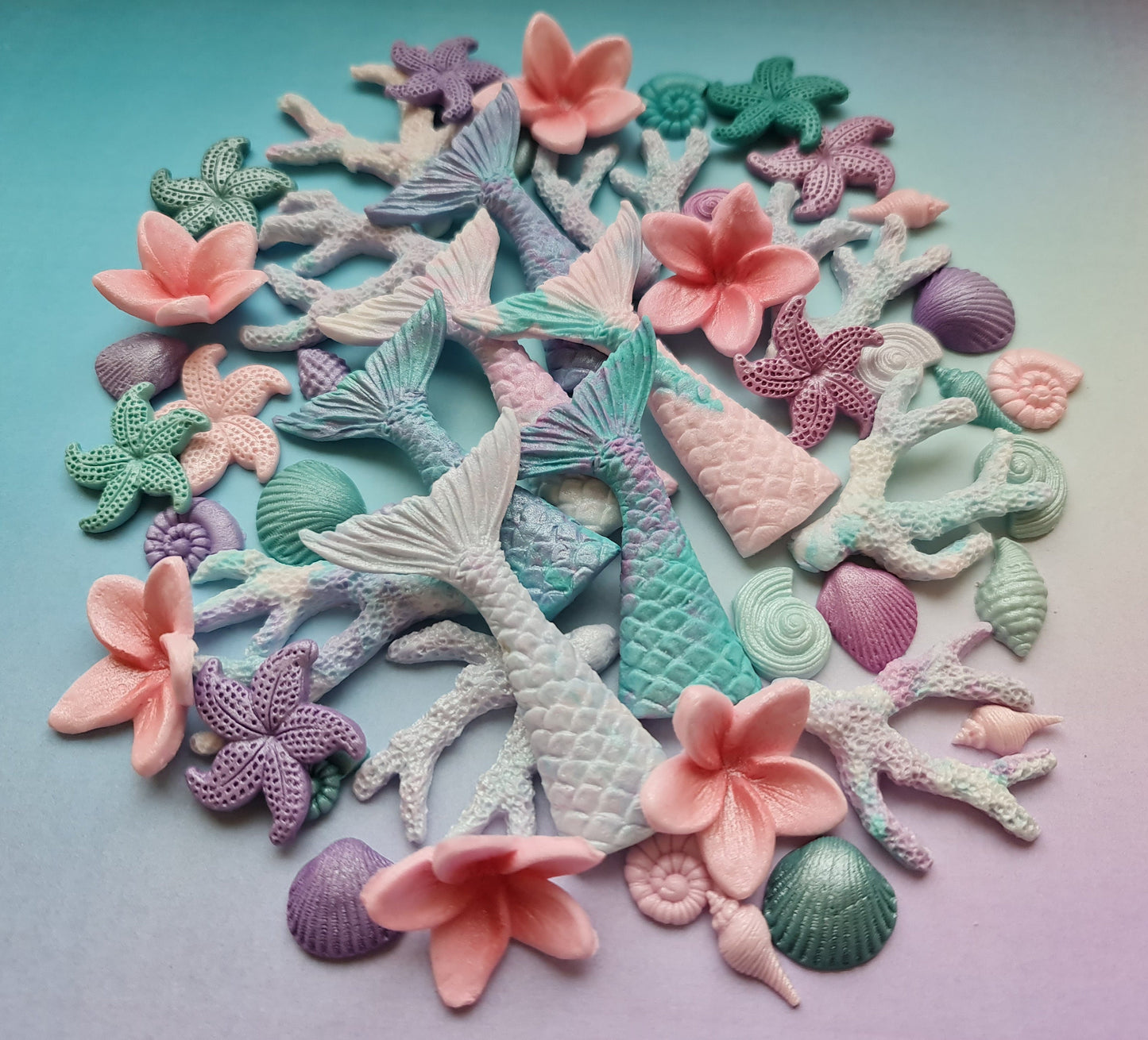 40 Edible Fondant Mermaid Cake Toppers: Shells, Tails, StarfishNo Extra Fees for US Buyers