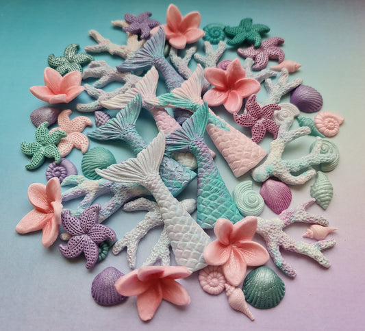 40 Edible Fondant Mermaid Cake Toppers: Shells, Tails, StarfishNo Extra Fees for US Buyers