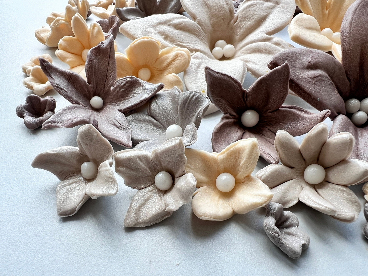 50 Edible Fondant Flowers: Cream, Ivory & Brown Cake Toppers
