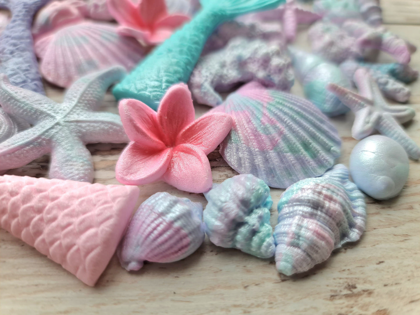 40 Sugar Fondant Mermaid Cake Toppers: Shells, Fins, StarfishNo Extra Fees for US Buyers