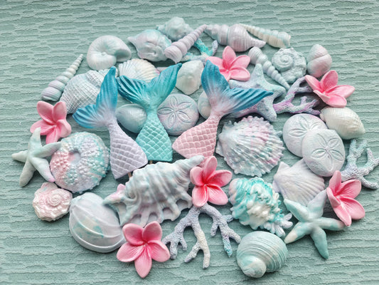 45pcs Sugar Shells Cake Topper: Mermaid Tail, Coral, Plumeria Decorations