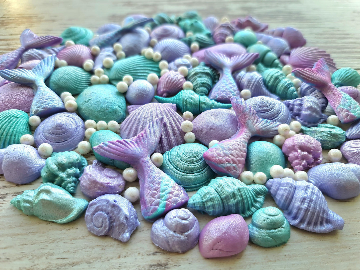 56 pcs. Sugar, fondant shells, starfishes, pearls cake topper decorationsNo Extra Fees for US Buyers