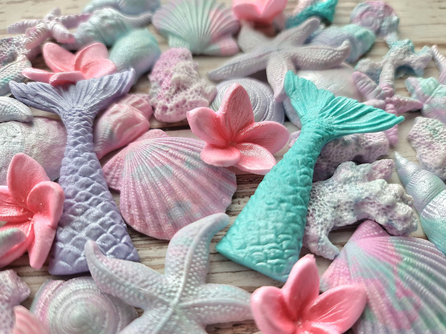 40 Sugar Fondant Mermaid Cake Toppers: Shells, Fins, StarfishNo Extra Fees for US Buyers