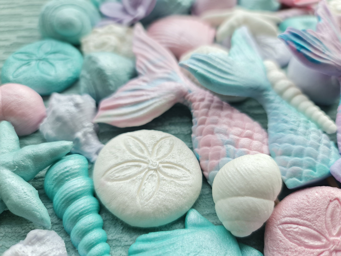 49pcs Sugar Fondant Cake Topper: Seashells, Mermaid Tail, Plumeria