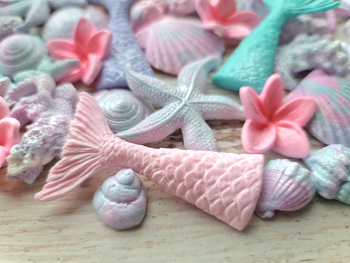 40 Sugar Fondant Mermaid Cake Toppers: Shells, Fins, StarfishNo Extra Fees for US Buyers