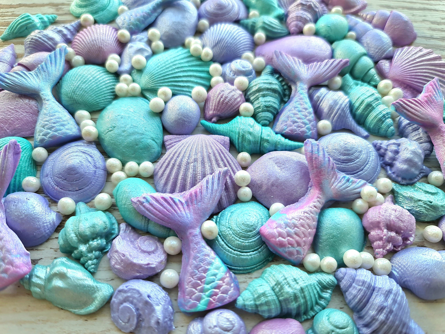 56 pcs. Sugar, fondant shells, starfishes, pearls cake topper decorationsNo Extra Fees for US Buyers