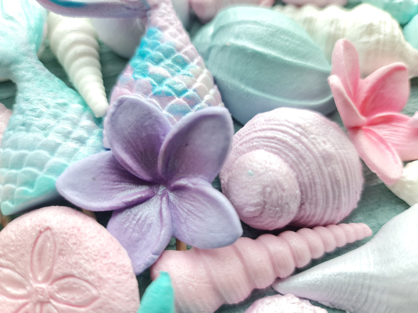 49pcs Sugar Fondant Cake Topper: Seashells, Mermaid Tail, Plumeria