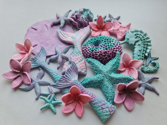24 Sugar Fondant Mermaid Cake Toppers: Seahorse, Starfish, CoralsNo Extra Fees for US Buyers