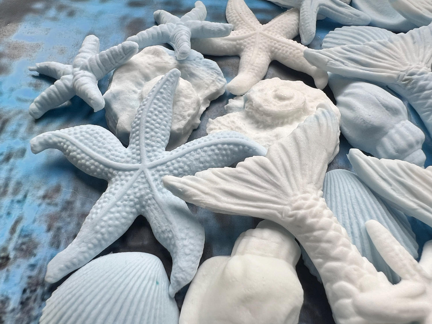 50 E-Free Pastel Blue Mermaid Cake Toppers: Natural Fondant Shells, Fins, StarfishNo Extra Fees for US Buyers