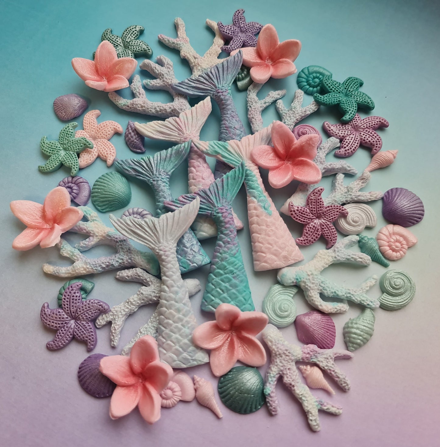 40 Edible Fondant Mermaid Cake Toppers: Shells, Tails, StarfishNo Extra Fees for US Buyers