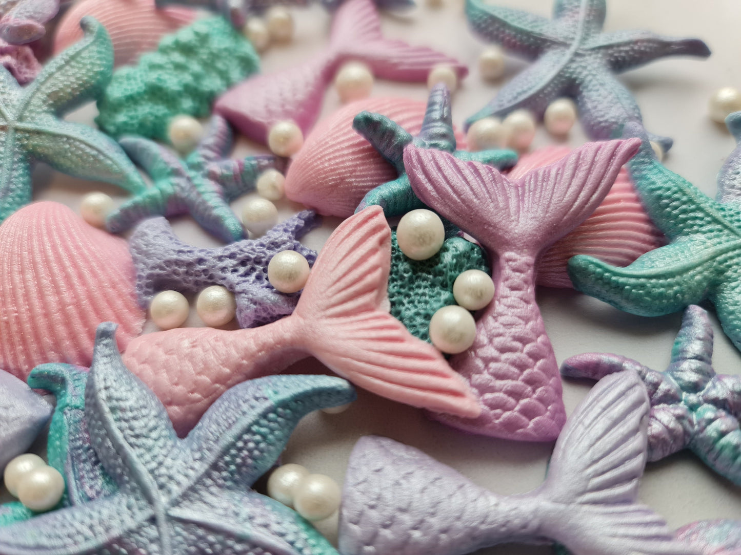 40pcs Mermaid Cake Topper: Fondant Fins, Starfish, ShellsNo Extra Fees for US Buyers
