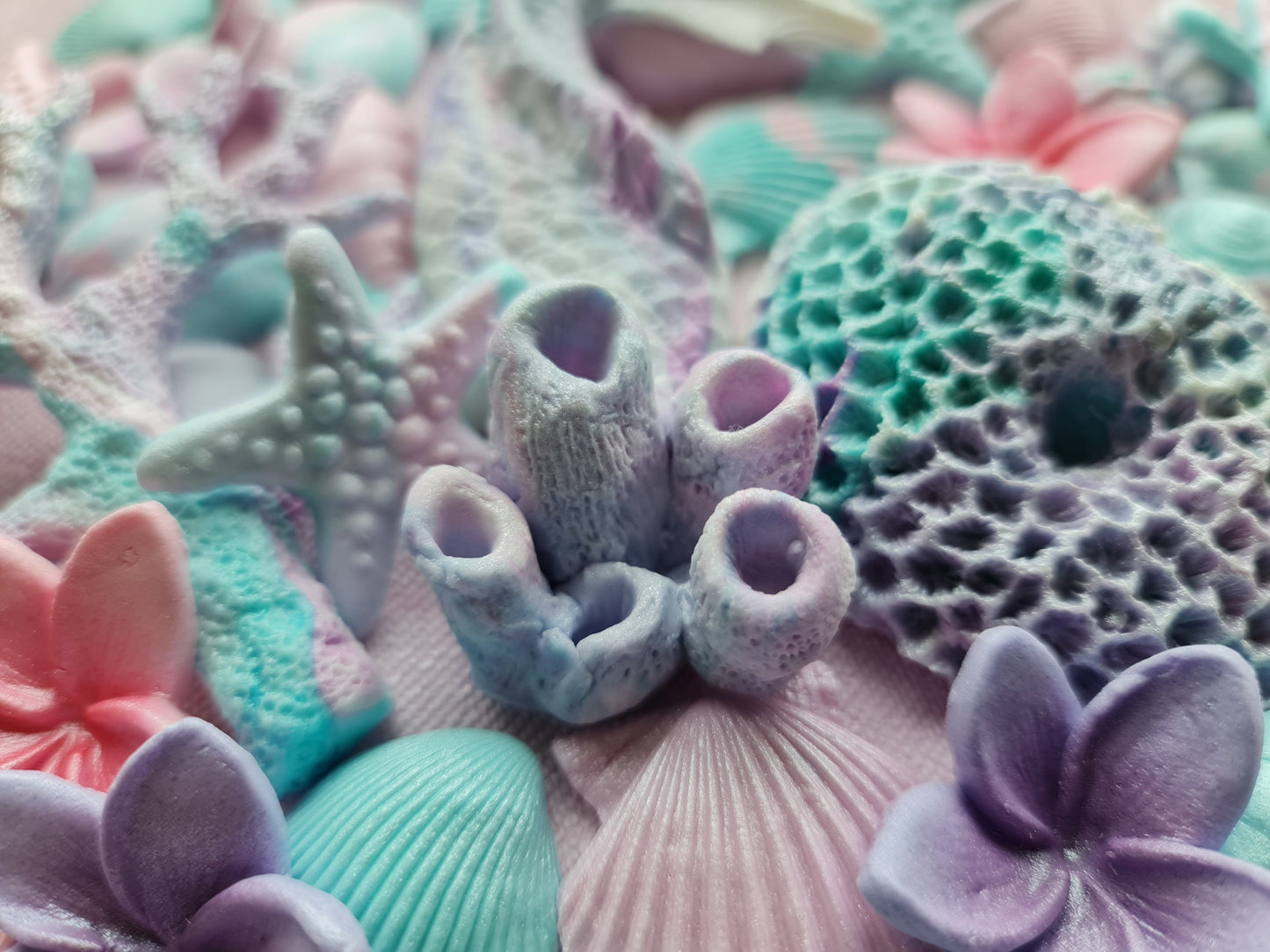 60 pcs. Sugar fondant shells, corals, mermaid tail, flowers cake topper decorationsNo Extra Fees for US Buyers