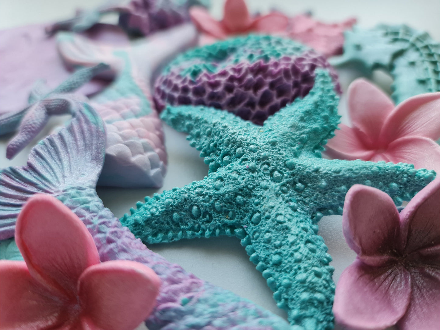 24 Sugar Fondant Mermaid Cake Toppers: Seahorse, Starfish, CoralsNo Extra Fees for US Buyers