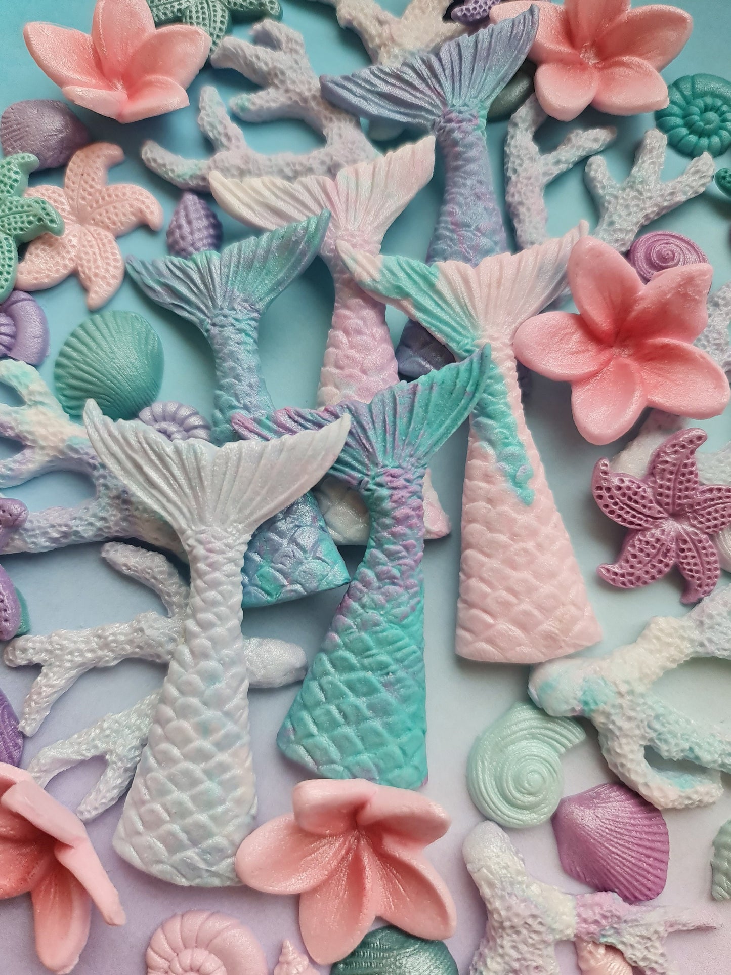 40 Edible Fondant Mermaid Cake Toppers: Shells, Tails, StarfishNo Extra Fees for US Buyers