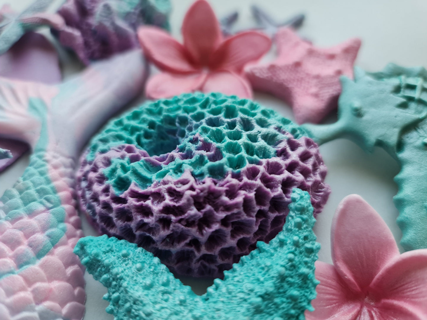 24 Sugar Fondant Mermaid Cake Toppers: Seahorse, Starfish, CoralsNo Extra Fees for US Buyers