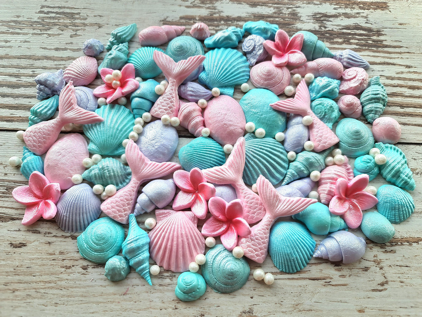 60pcs Sugar Fondant Mermaid Tail, Shells, and Plumeria Flowers