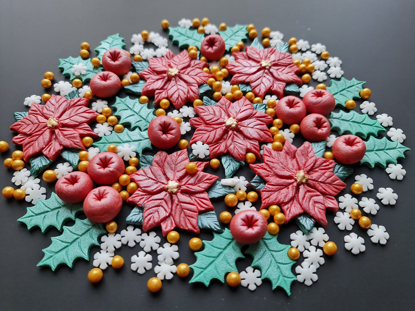 Edible sugar fondant Christmas cake topper, decorations, berries, holly leaves, poinsettia flowers, snowflakes, sprinkles
