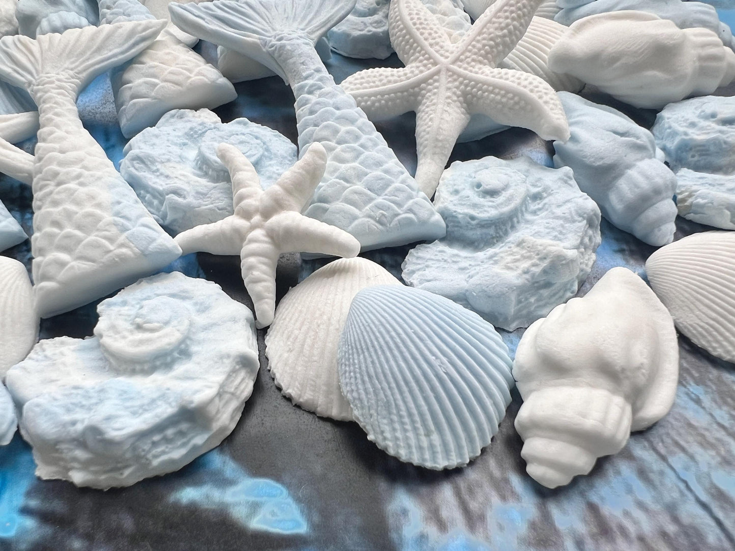 50 E-Free Pastel Blue Mermaid Cake Toppers: Natural Fondant Shells, Fins, StarfishNo Extra Fees for US Buyers