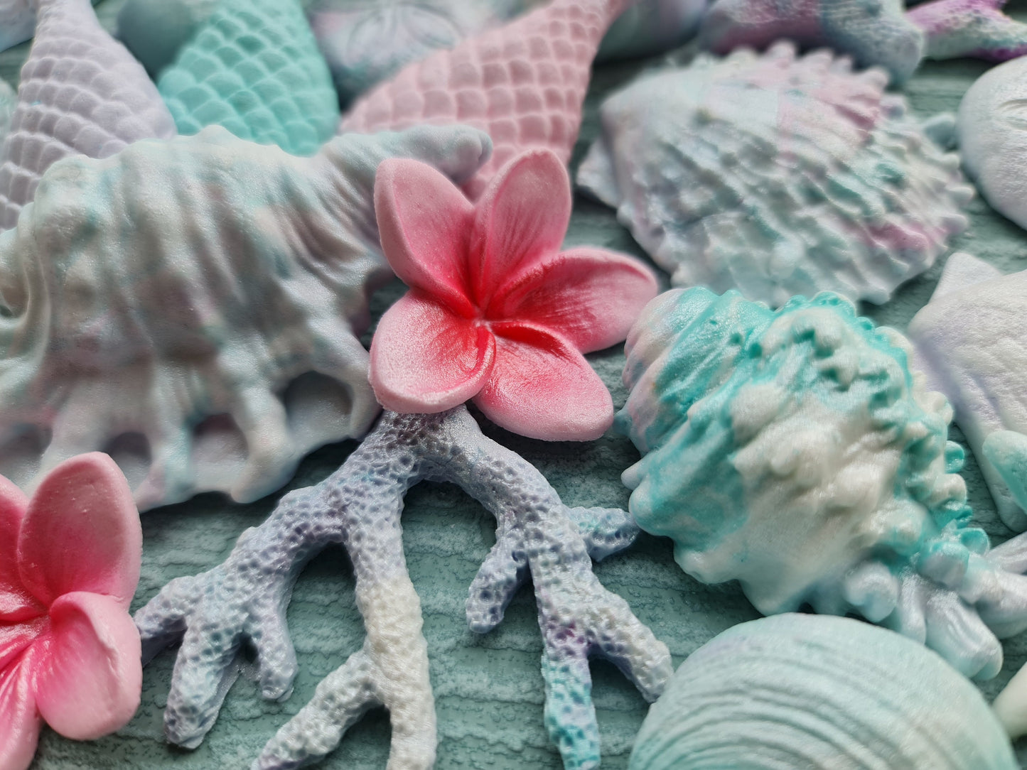 45pcs Sugar Shells Cake Topper: Mermaid Tail, Coral, Plumeria Decorations