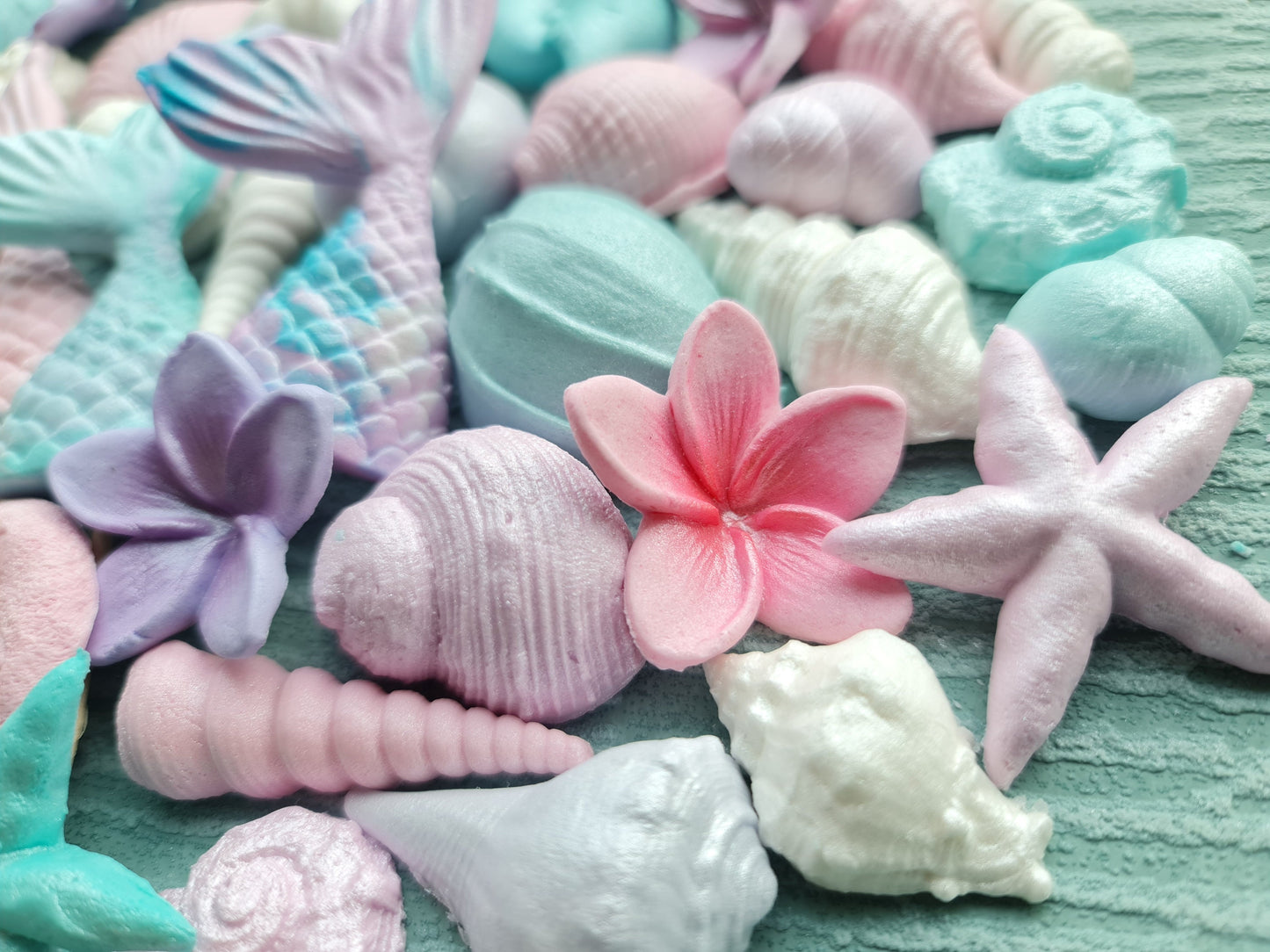49pcs Sugar Fondant Cake Topper: Seashells, Mermaid Tail, Plumeria