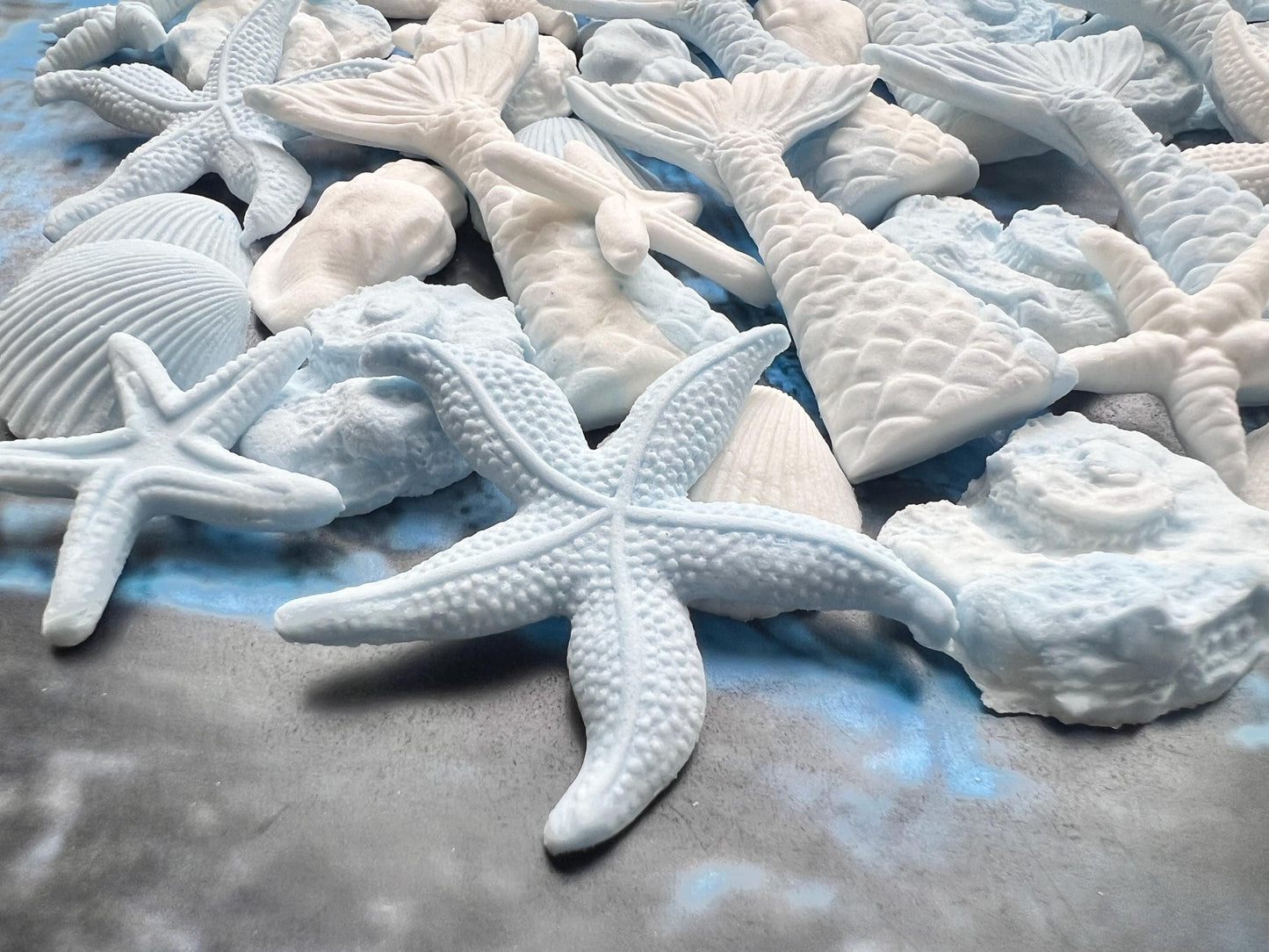 50 E-Free Pastel Blue Mermaid Cake Toppers: Natural Fondant Shells, Fins, StarfishNo Extra Fees for US Buyers