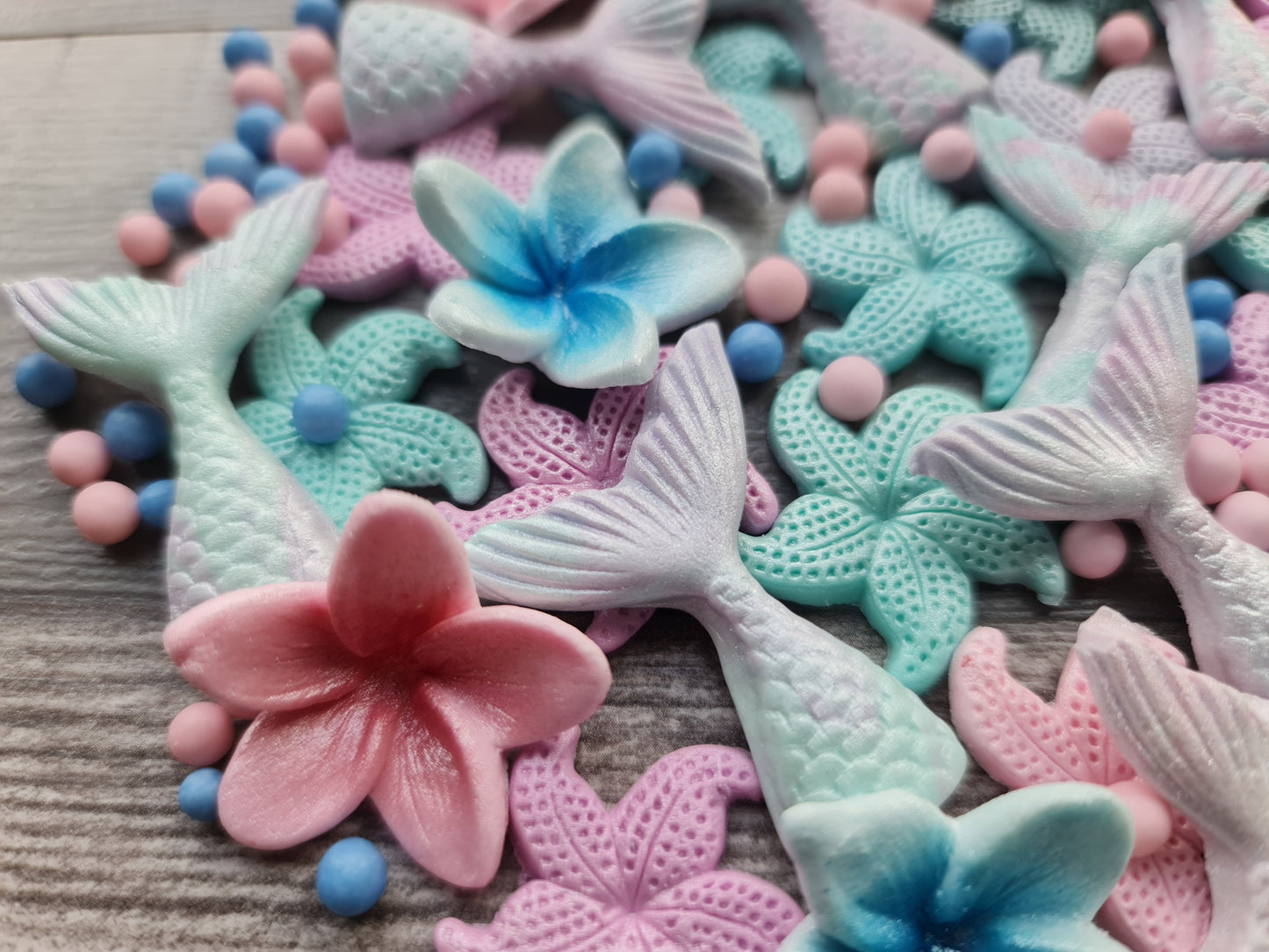 38pcs Mermaid Tail Cake Topper: Fondant Starfish, Plumeria, Pearls