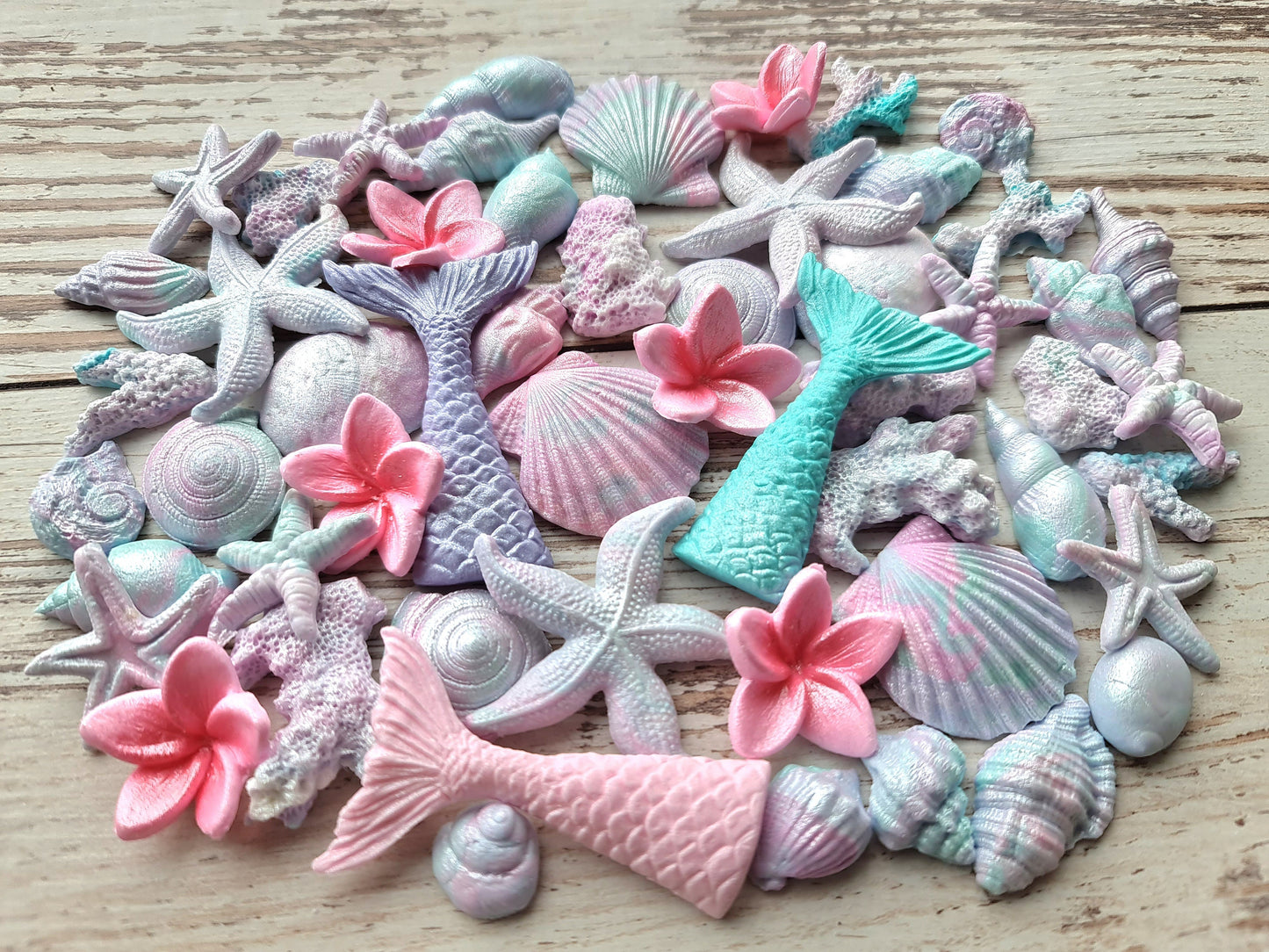40 Sugar Fondant Mermaid Cake Toppers: Shells, Fins, StarfishNo Extra Fees for US Buyers