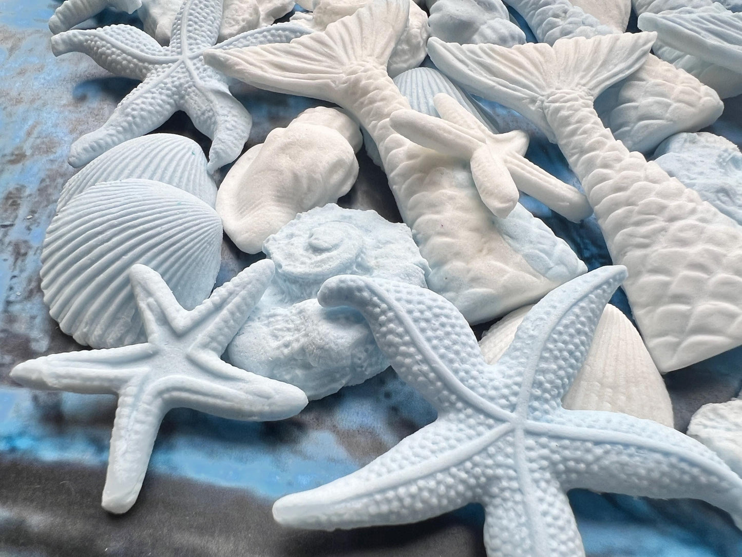 50 E-Free Pastel Blue Mermaid Cake Toppers: Natural Fondant Shells, Fins, StarfishNo Extra Fees for US Buyers