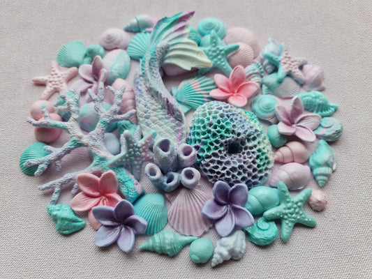 60 pcs. Sugar fondant shells, corals, mermaid tail, flowers cake topper decorationsNo Extra Fees for US Buyers