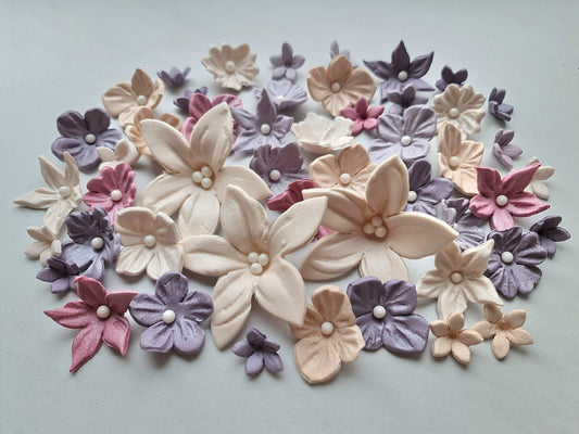 50 pcs. Edible sugar fondant flowers cake cupcake topper decorations. Cream, Lilac, ruby.No Extra Fees for US Buyers