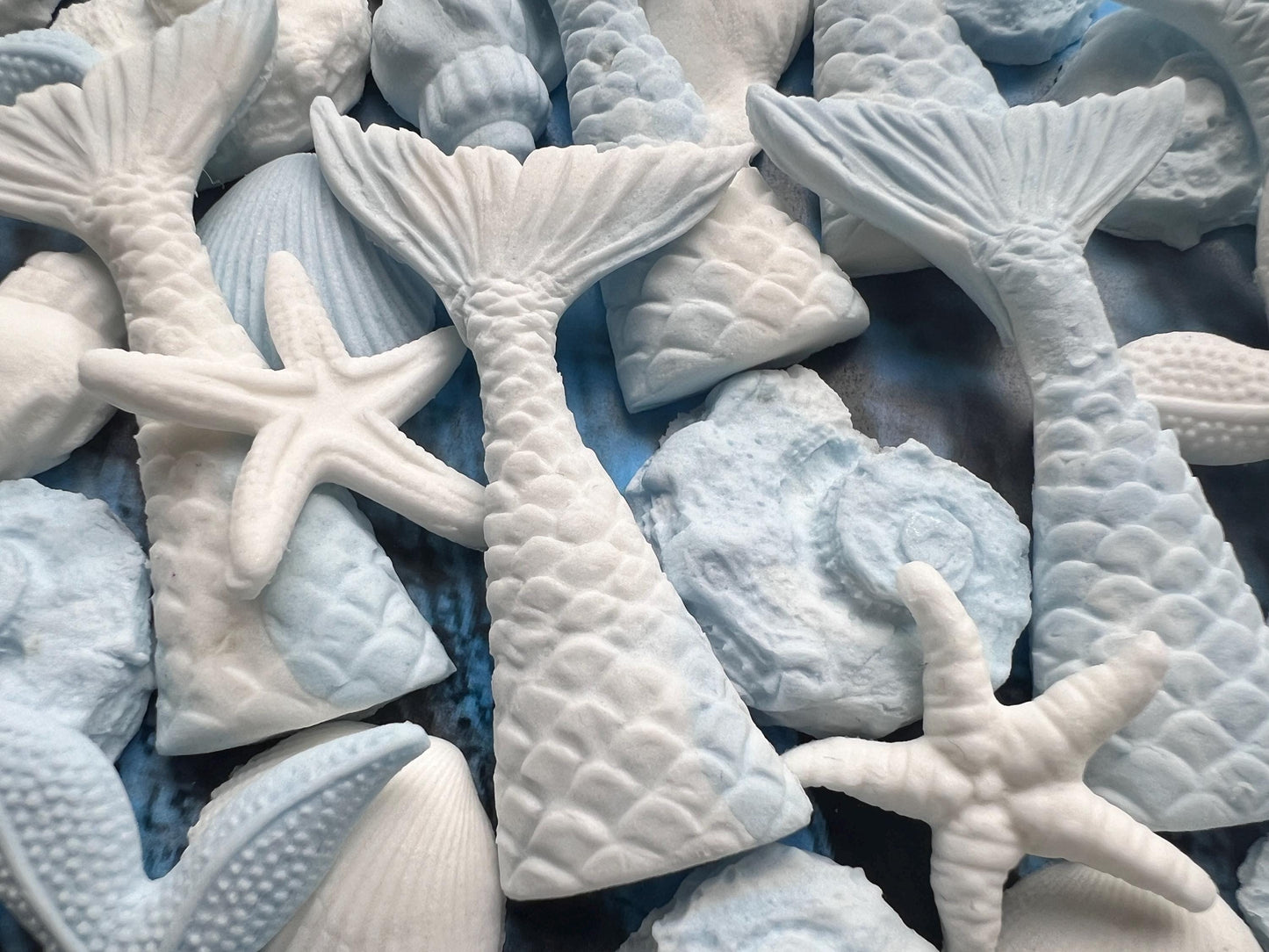 50 E-Free Pastel Blue Mermaid Cake Toppers: Natural Fondant Shells, Fins, StarfishNo Extra Fees for US Buyers