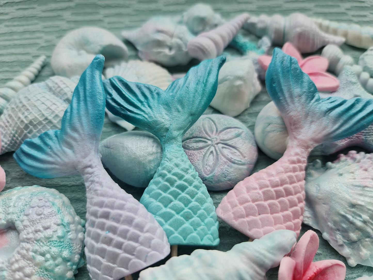 45pcs Sugar Shells Cake Topper: Mermaid Tail, Coral, Plumeria Decorations