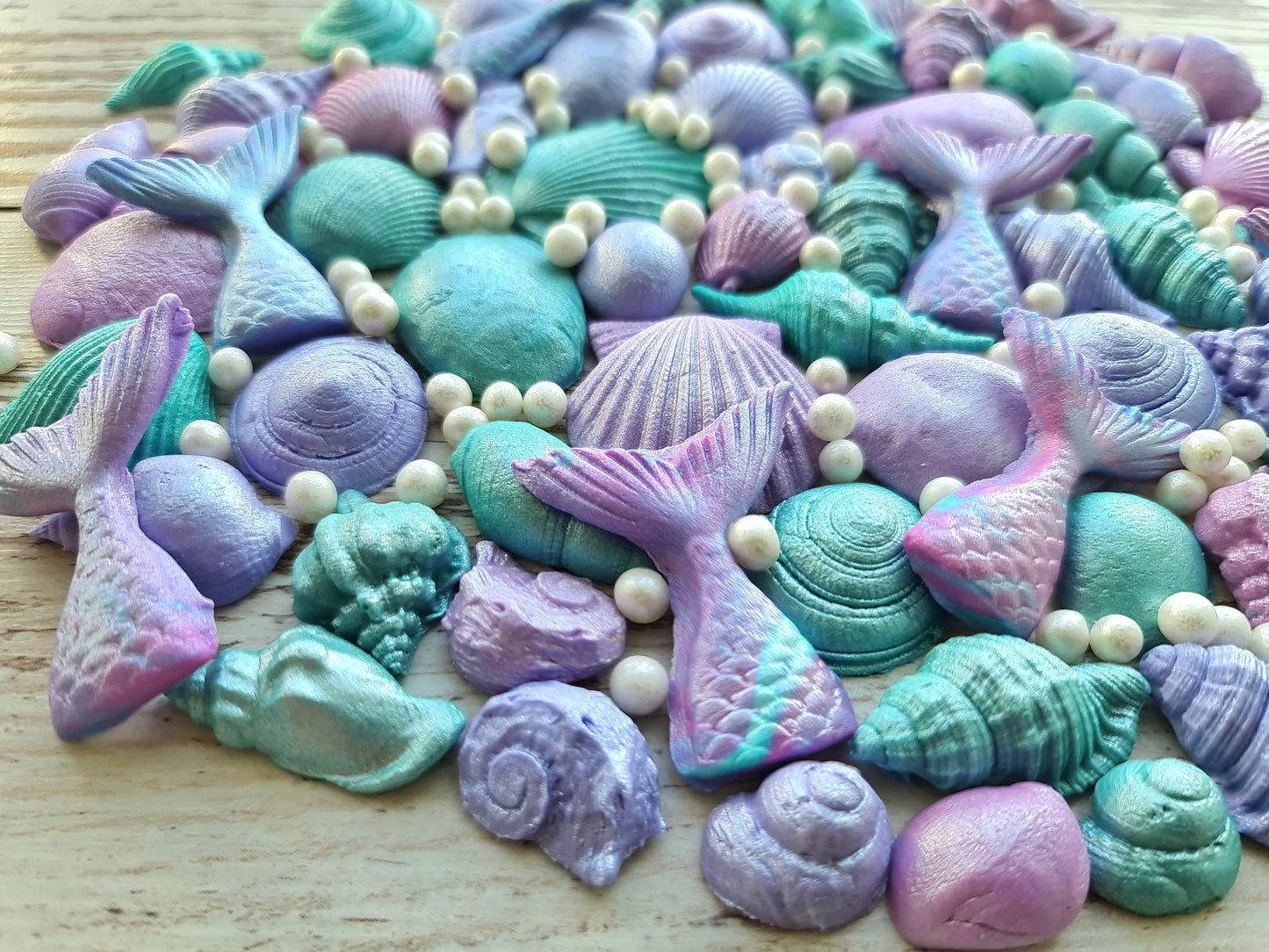 56 pcs. Sugar, fondant shells, starfishes, pearls cake topper decorationsNo Extra Fees for US Buyers