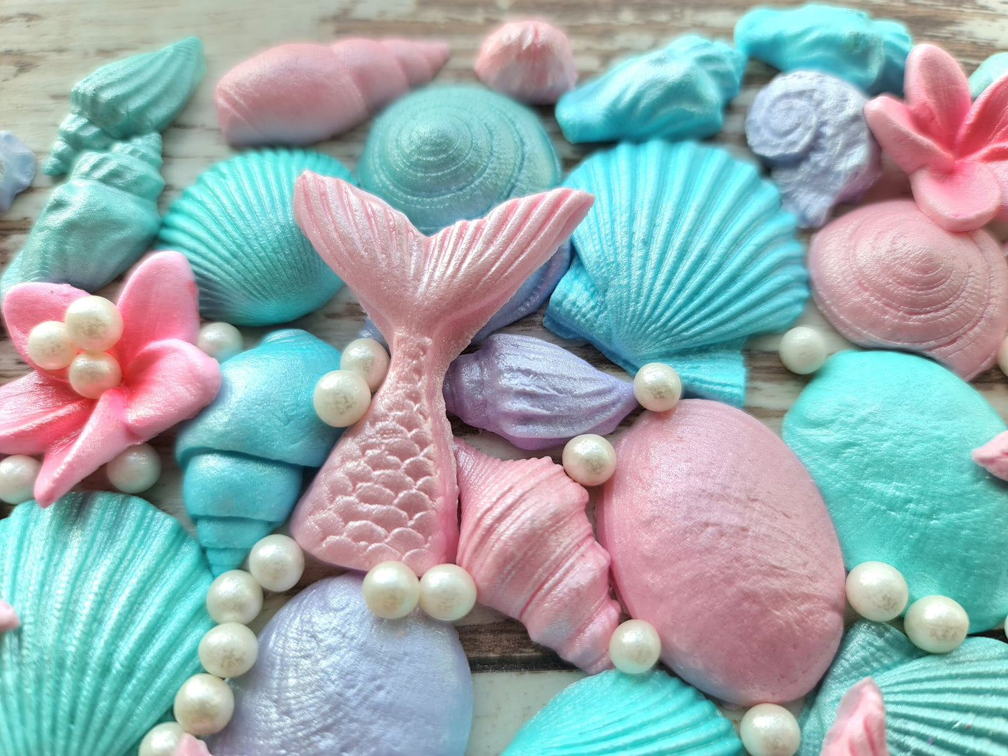60pcs Sugar Fondant Mermaid Tail, Shells, and Plumeria Flowers