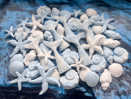 50 E-Free Pastel Blue Mermaid Cake Toppers: Natural Fondant Shells, Fins, StarfishNo Extra Fees for US Buyers