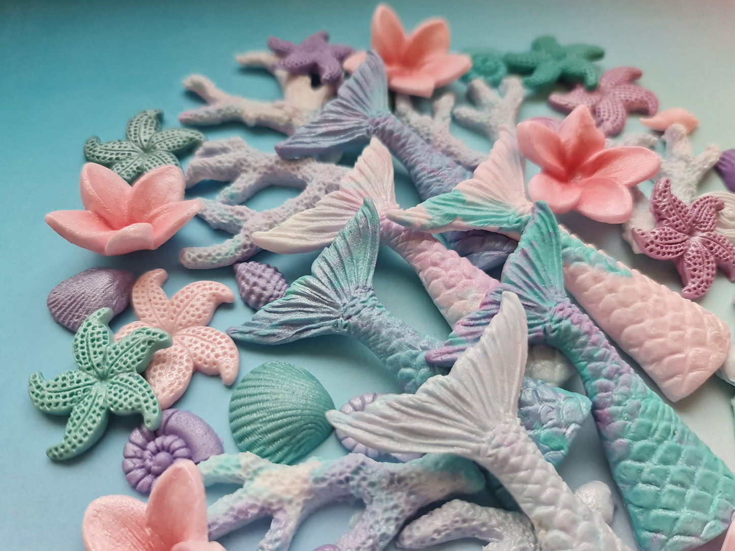 40 Edible Fondant Mermaid Cake Toppers: Shells, Tails, StarfishNo Extra Fees for US Buyers