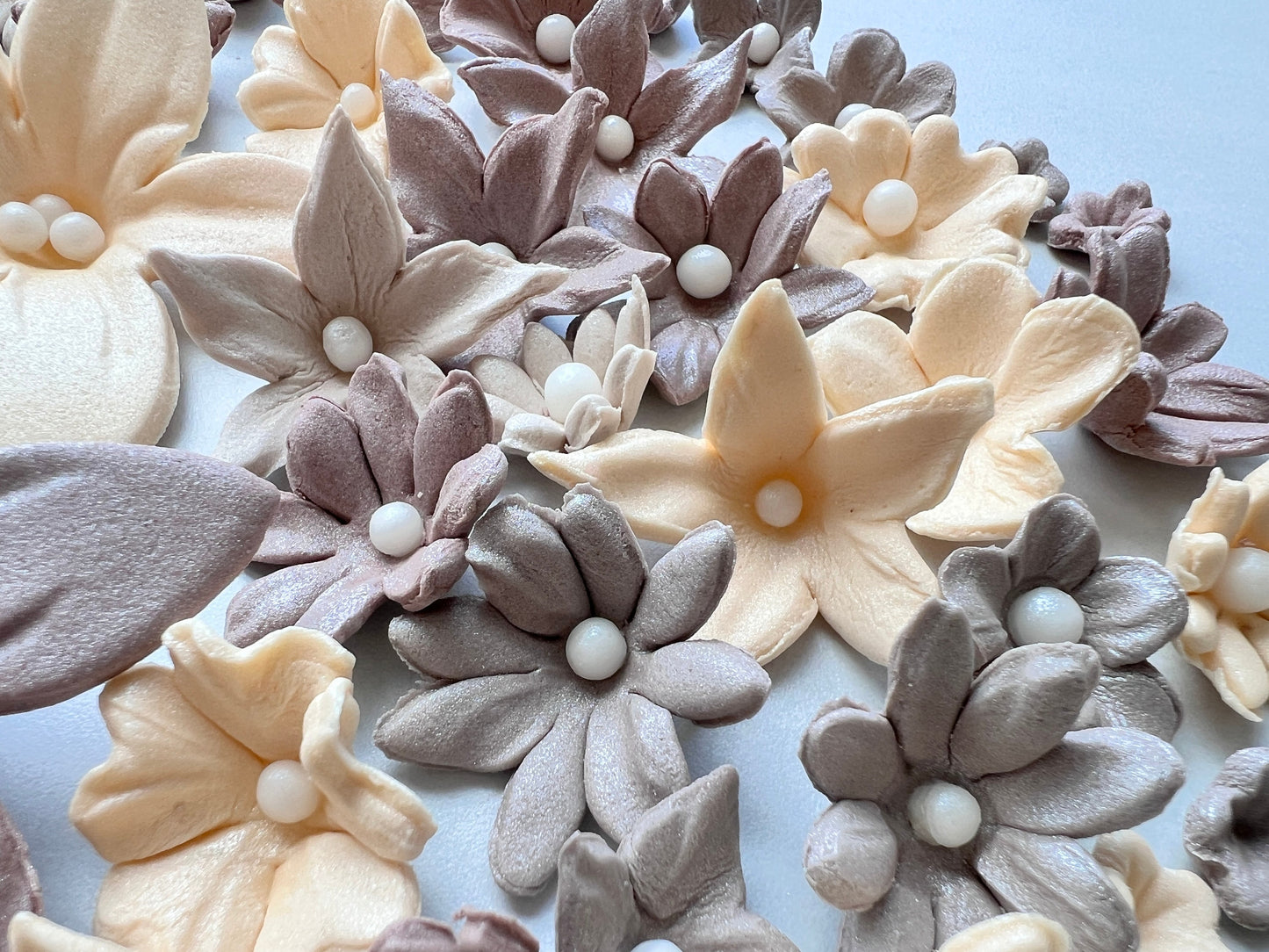 50 Edible Fondant Flowers: Cream, Ivory & Brown Cake Toppers