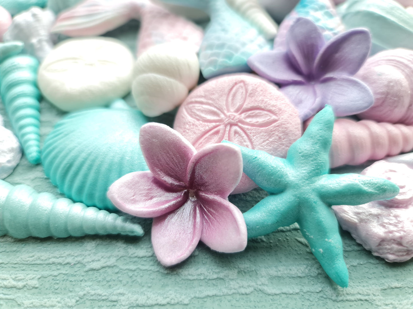 49pcs Sugar Fondant Cake Topper: Seashells, Mermaid Tail, Plumeria