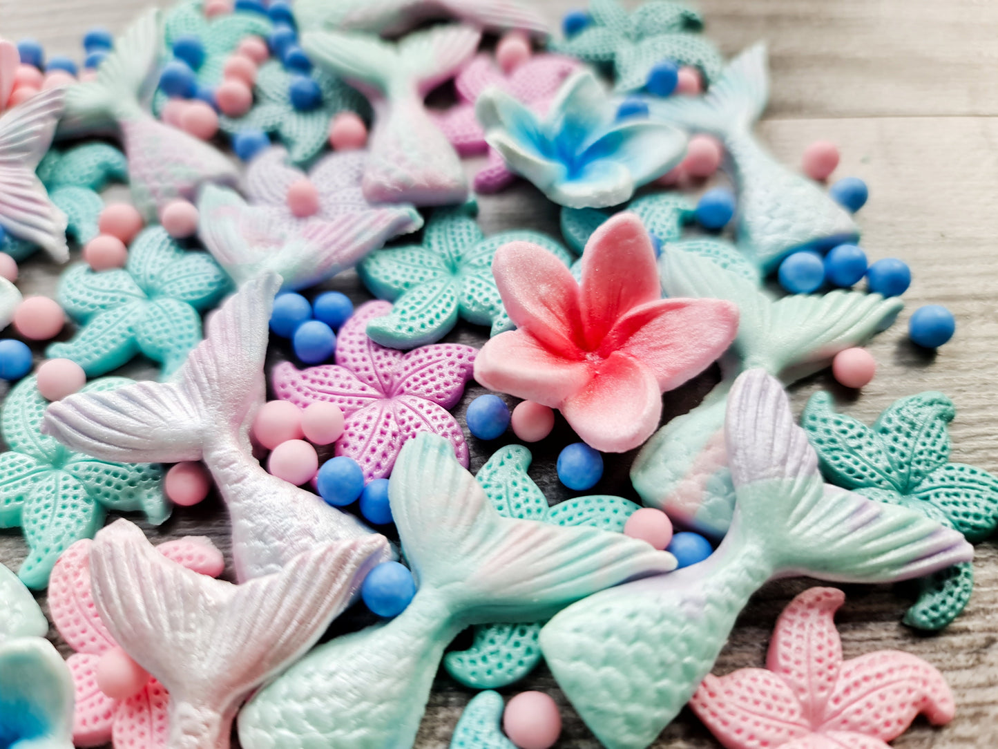 38pcs Mermaid Tail Cake Topper: Fondant Starfish, Plumeria, Pearls