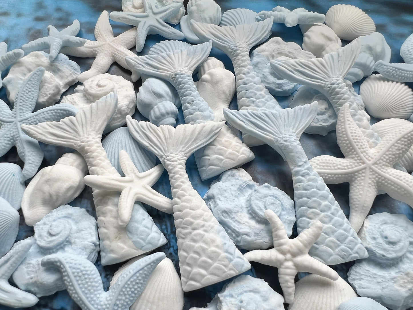 50 E-Free Pastel Blue Mermaid Cake Toppers: Natural Fondant Shells, Fins, StarfishNo Extra Fees for US Buyers