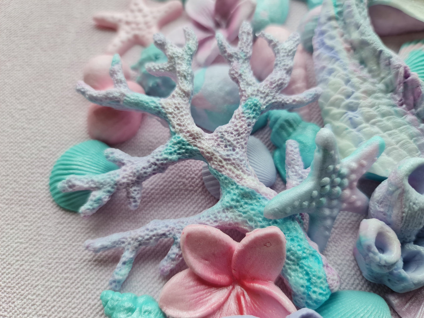 60 pcs. Sugar fondant shells, corals, mermaid tail, flowers cake topper decorationsNo Extra Fees for US Buyers