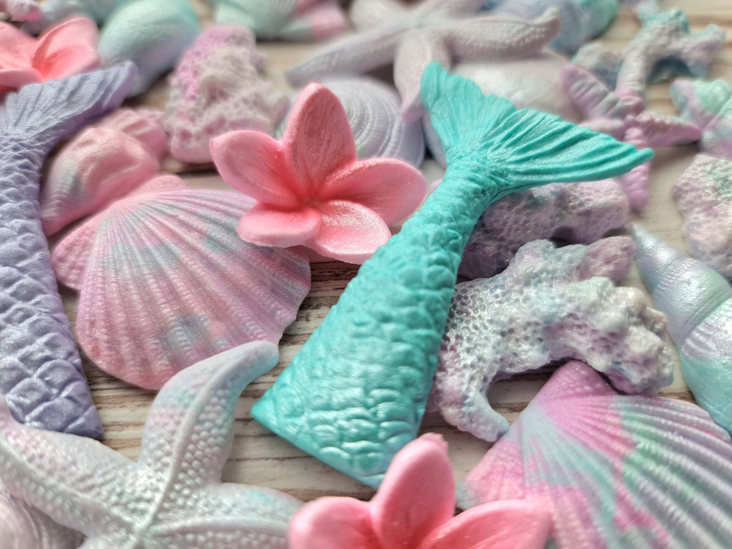 40 Sugar Fondant Mermaid Cake Toppers: Shells, Fins, StarfishNo Extra Fees for US Buyers